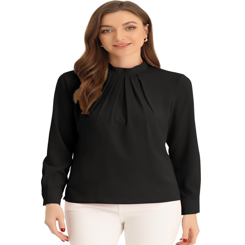 Allegra K Work Blouses for Women Stand Collar Long Sleeve Ruched Dressy Business Casual Work Shirt X-Small Black