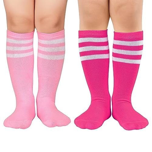 Century Star Toddler Soccer Socks for Girls Boys Baseball Socks Youth Softball Sock Kids Breathable Athletic Socks for Sports 2 Pair Pink White & Rose White 9-12 Years