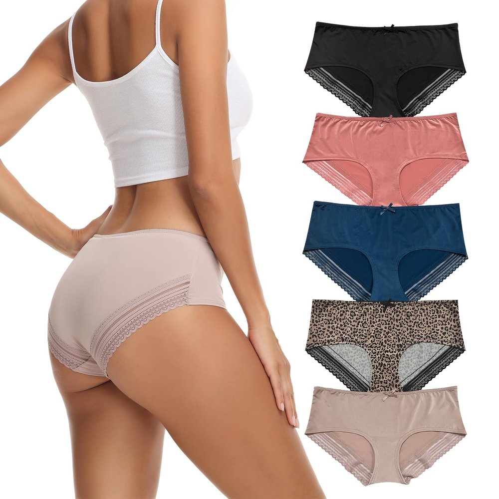 ADOVAKKER Women Underwear Cheeky Panties Stretch Lace Underpants for ladies Silky Nylon Sexy Briefs 5-pack A-S