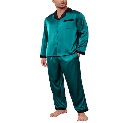 Ekouaer Men's Silk Pajama Set Long Satin Loungewear 2 Piece Pjs Classic Button Down Sleepwear Blue Green