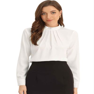 Allegra K Work Blouses for Women Stand Collar Long Sleeve Ruched Dressy Business Casual Work Shirt X-Large White