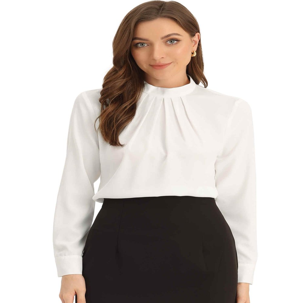 Allegra K Work Blouses for Women Stand Collar Long Sleeve Ruched Dressy Business Casual Work Shirt X-Large White
