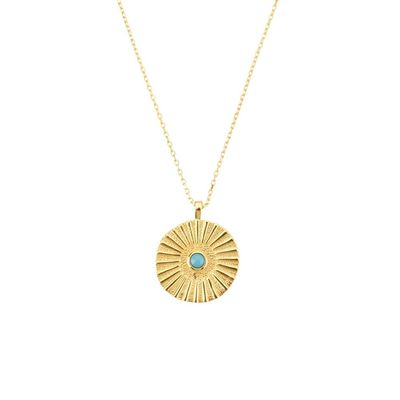 925 Sterling Silver Gold Umbrella Coins Milk Turquoise Coins Pendant Long Chain Women Fashion (Gem Color: Gold Blue)