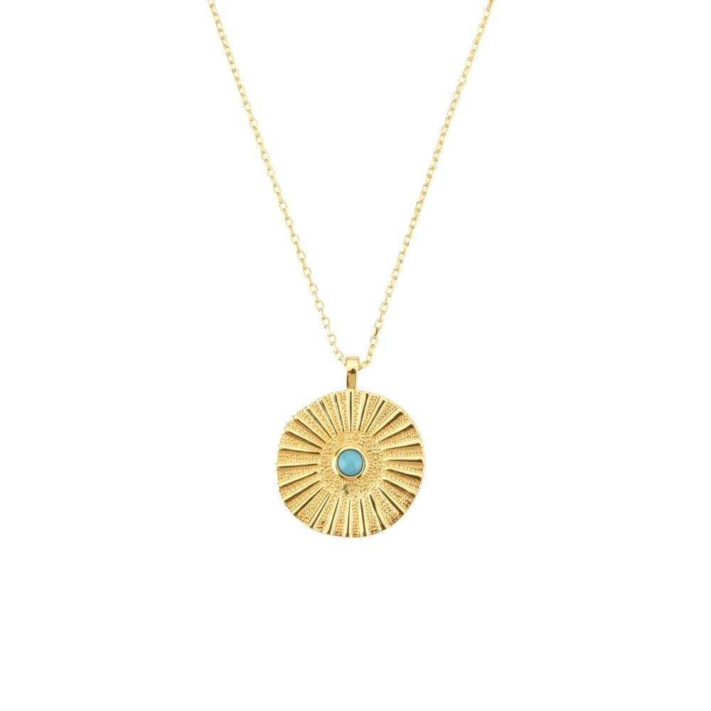 925 Sterling Silver Gold Umbrella Coins Milk Turquoise Coins Pendant Long Chain Women Fashion (Gem Color: Gold Blue)
