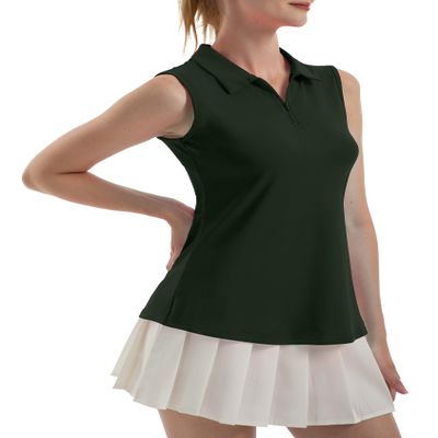 FKEEP Women's Sleeveless Polo Golf Tennis Shirt Tank Tops T-Shirts V-Neck with Collar Quick Dry Workout Athletic (Forest Green, S)