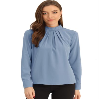 Allegra K Work Blouses for Women Stand Collar Long Sleeve Ruched Dressy Business Casual Work Shirt Large Grey Blue