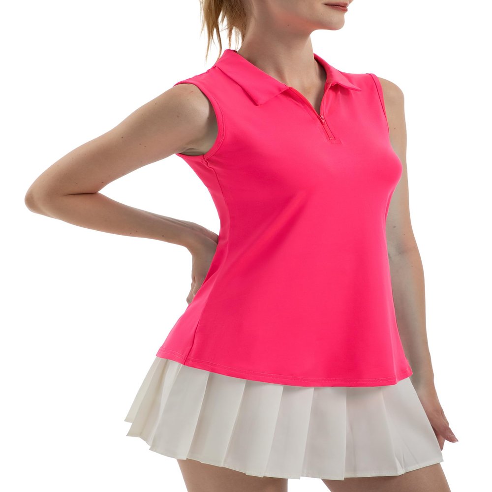 FKEEP Women's Sleeveless Polo Golf Tennis Shirt Tank Tops T-Shirts V-Neck with Collar Quick Dry Workout Athletic (Neon Pink, M)
