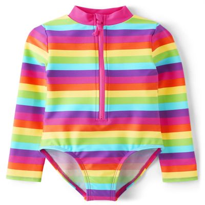 Gymboree,and Toddler Long Sleeve Rashguard One Piece Swimsuit,Rainbow Stripe,12-18 Months