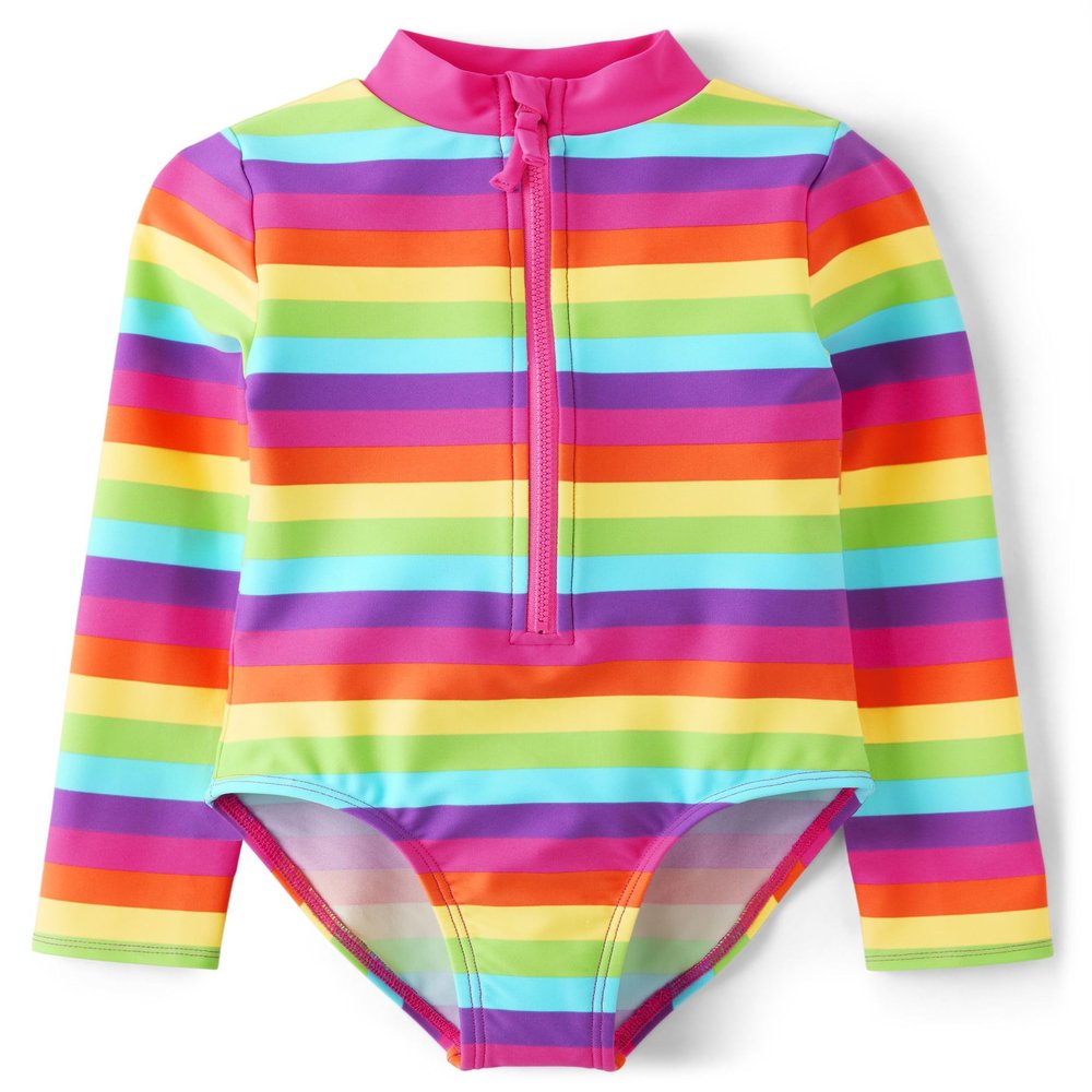 Gymboree,and Toddler Long Sleeve Rashguard One Piece Swimsuit,Rainbow Stripe,12-18 Months