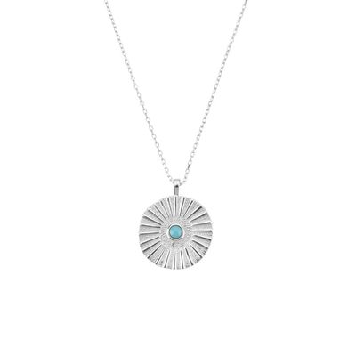 925 Sterling Silver Gold Umbrella Coins Milk Turquoise Coins Pendant Long Chain Women Fashion (Gem Color: Silver Blue)