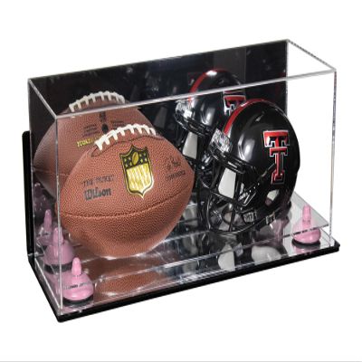 Better Display Cases Acrylic Mini - Miniature (not Full Size) Football and Helmet Display Case with Mirror Case, Pink Risers, Wall Mount and Mirror Base (B46/A019)
