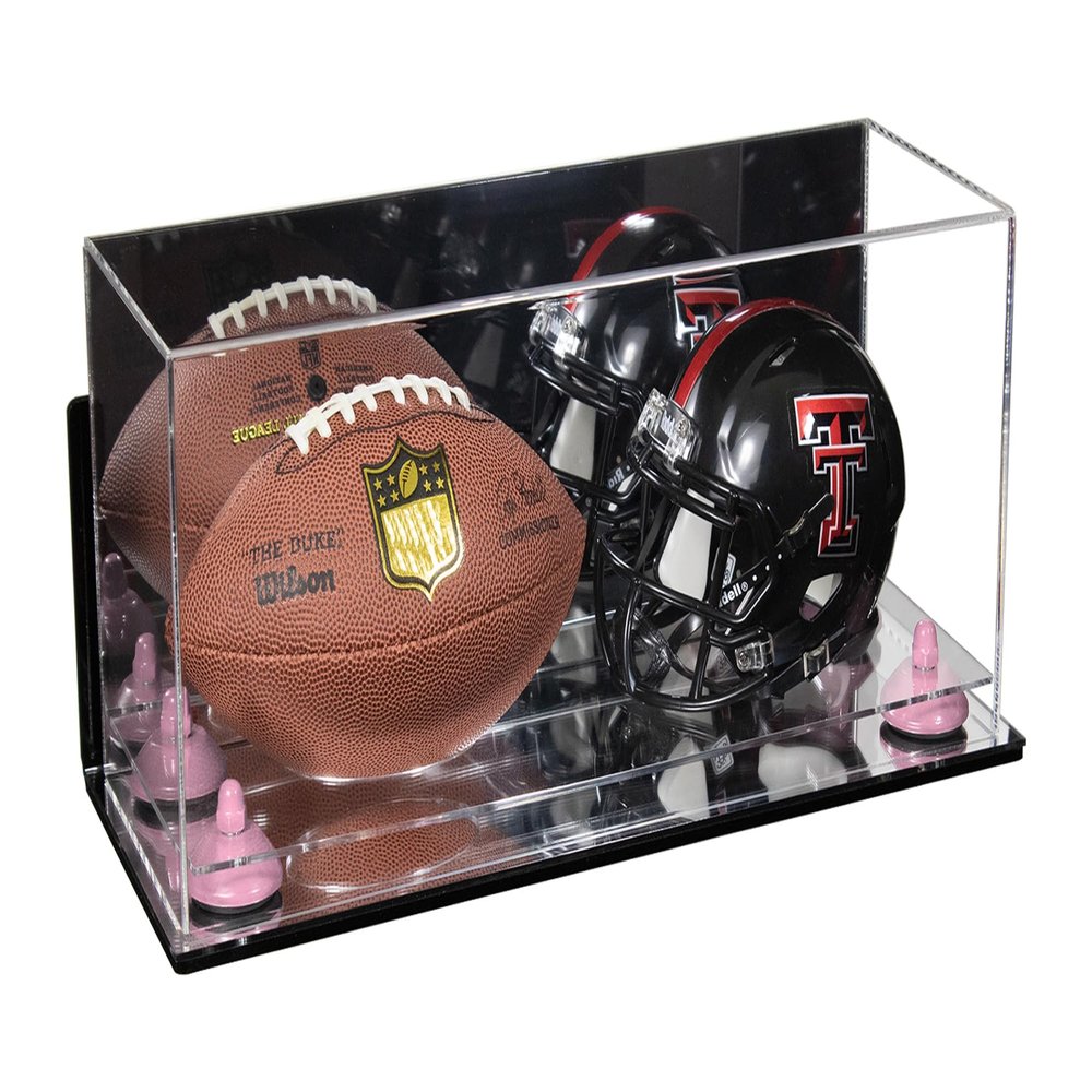 Better Display Cases Acrylic Mini - Miniature (not Full Size) Football and Helmet Display Case with Mirror Case, Pink Risers, Wall Mount and Mirror Base (B46/A019)