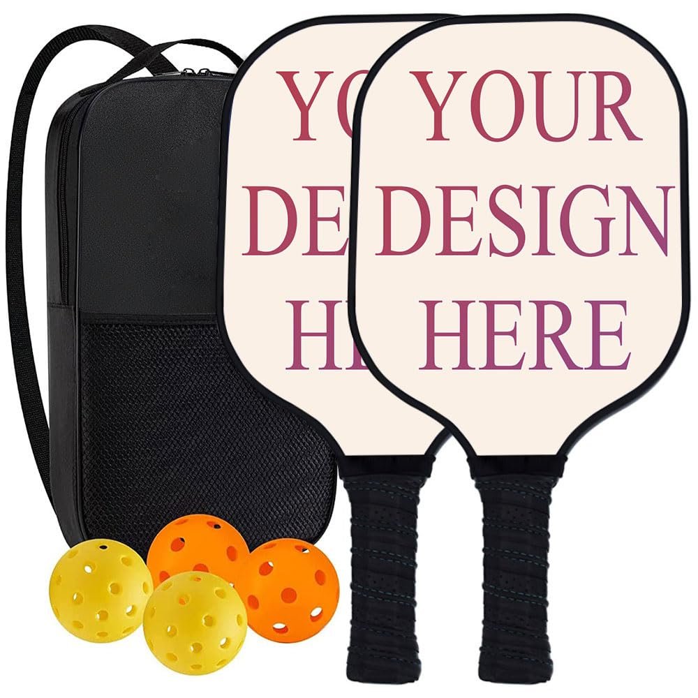 KOALEIU Custom Pickleballs Paddle Set with Your Design Picture Text Logo, Set of 2 Paddles with 4 Balls and 1 Portable Carry Bag, Senior Gifts for Family, Linen
