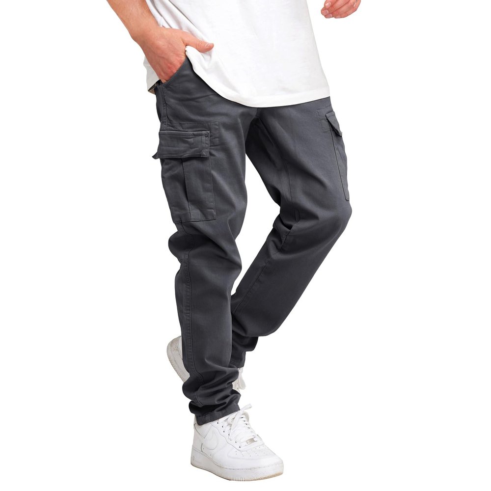 THWEI Cargo Pants for Men Casual Drawstring Joggers Cotton Work Sweatpants Multi Pockets Grey M
