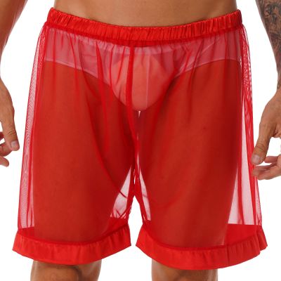 Xnihocha Men's Sexy Mesh Shorts Boxer Underwear Cover up Comfort Breathable See Through Trunks Red Large