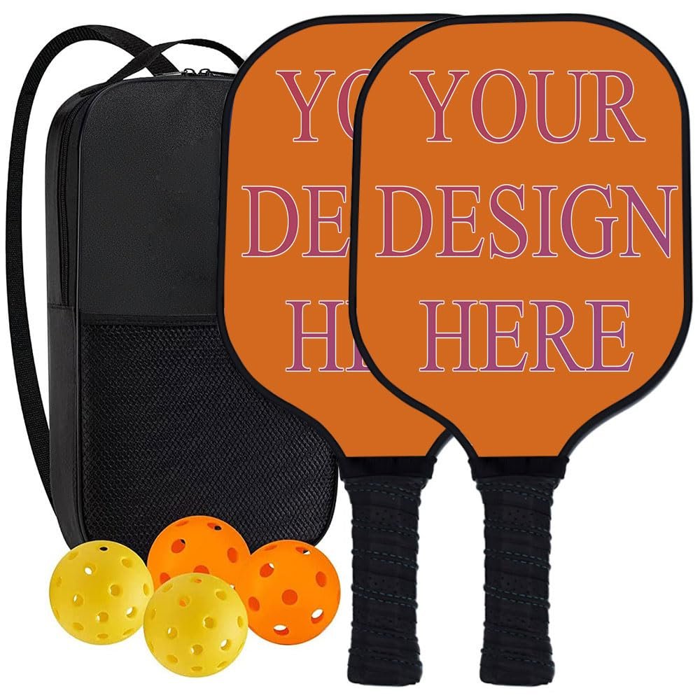 KOALEIU Custom Pickleballs Paddle Set with Your Design Picture Text Logo, Set of 2 Paddles with 4 Balls and 1 Portable Carry Bag, Senior Gifts for Family, Chocolate