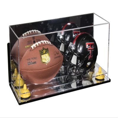Better Display Cases Acrylic Mini - Miniature (not Full Size) Football and Helmet Display Case with Mirror Case, Yellow Risers, Wall Mount and Mirror Base (B46/A019)