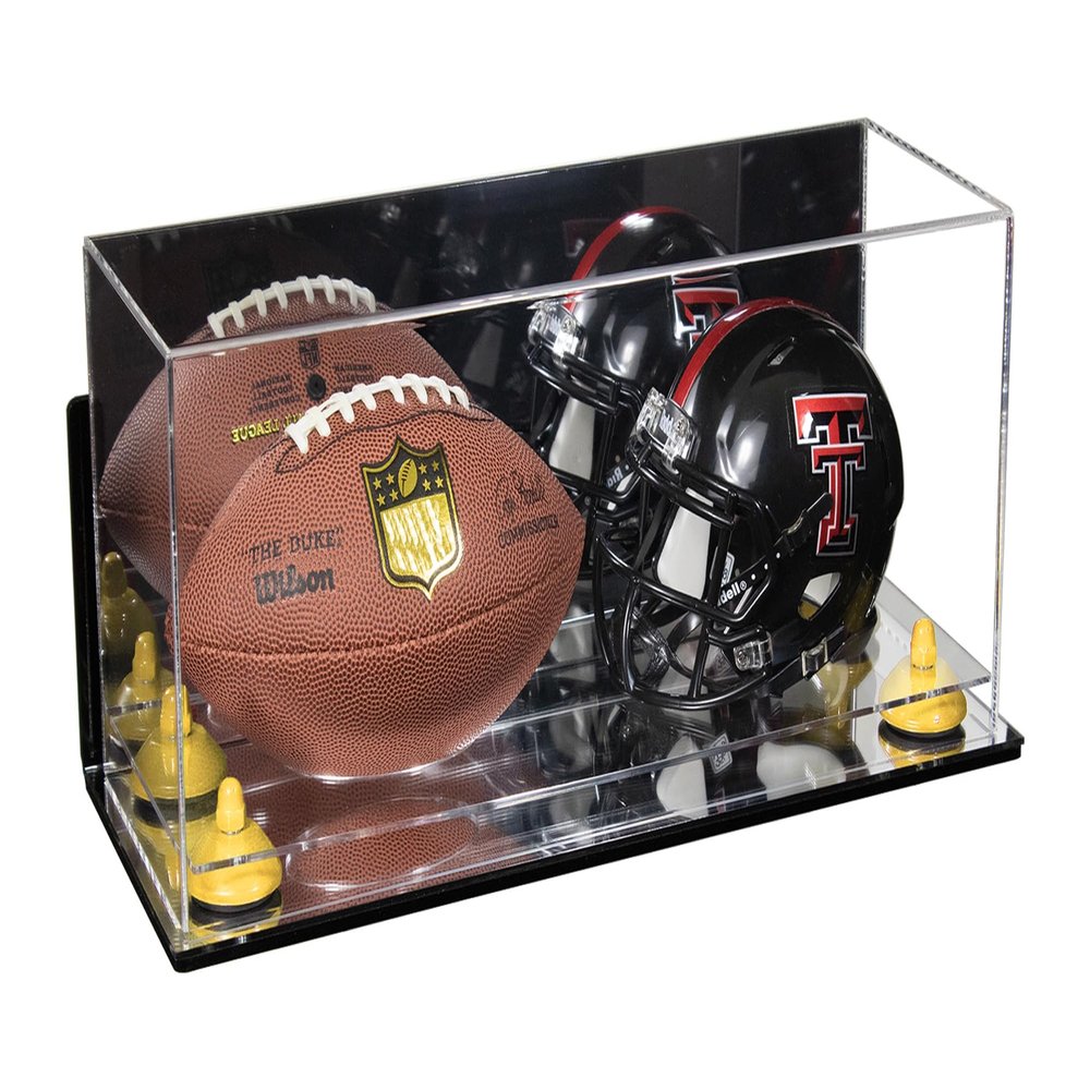 Better Display Cases Acrylic Mini - Miniature (not Full Size) Football and Helmet Display Case with Mirror Case, Yellow Risers, Wall Mount and Mirror Base (B46/A019)