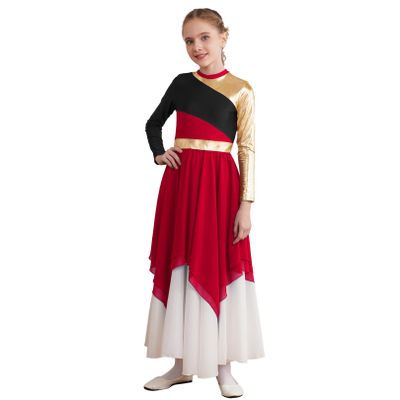 FEESHOW Girls Metallic Cross Liturgical Praise Dance Dress Lyrical Dancewear Color Block Full Length Robe Worship Burgundy&Long 10 Years