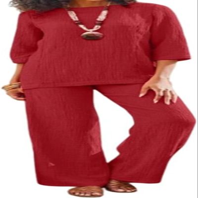 Women's Cotton and Linen Solid Color Suit 2-Piece Vintage 3/4 Sleeve top Wide Leg Pants Casual Suit with Pockets (Red,3X-Large)