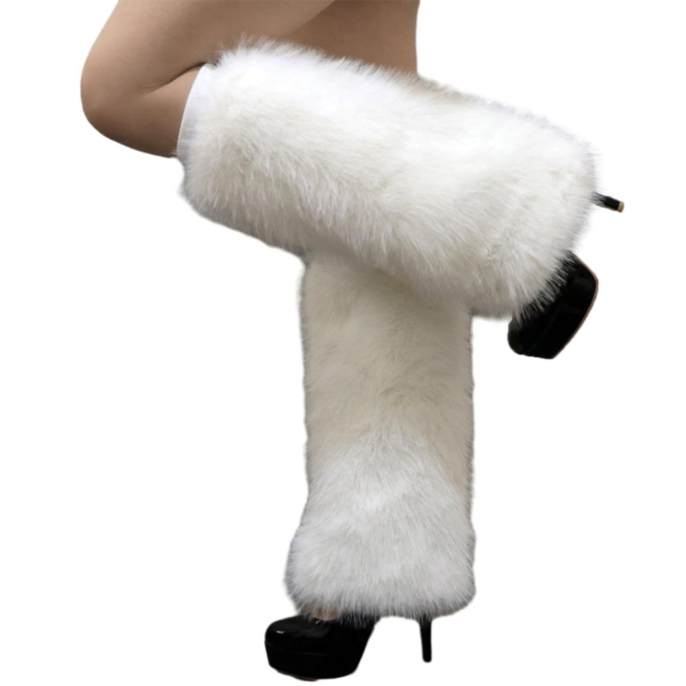 Altsuceser Furry Faux Fur Leg Warmers for Women, Knee-length Long Socks Boots Shoes Cuff Cover Warm Sock White 40cm