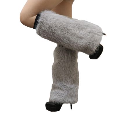 Altsuceser Furry Faux Fur Leg Warmers for Women, Knee-length Long Socks Boots Shoes Cuff Cover Warm Sock Grey 40cm