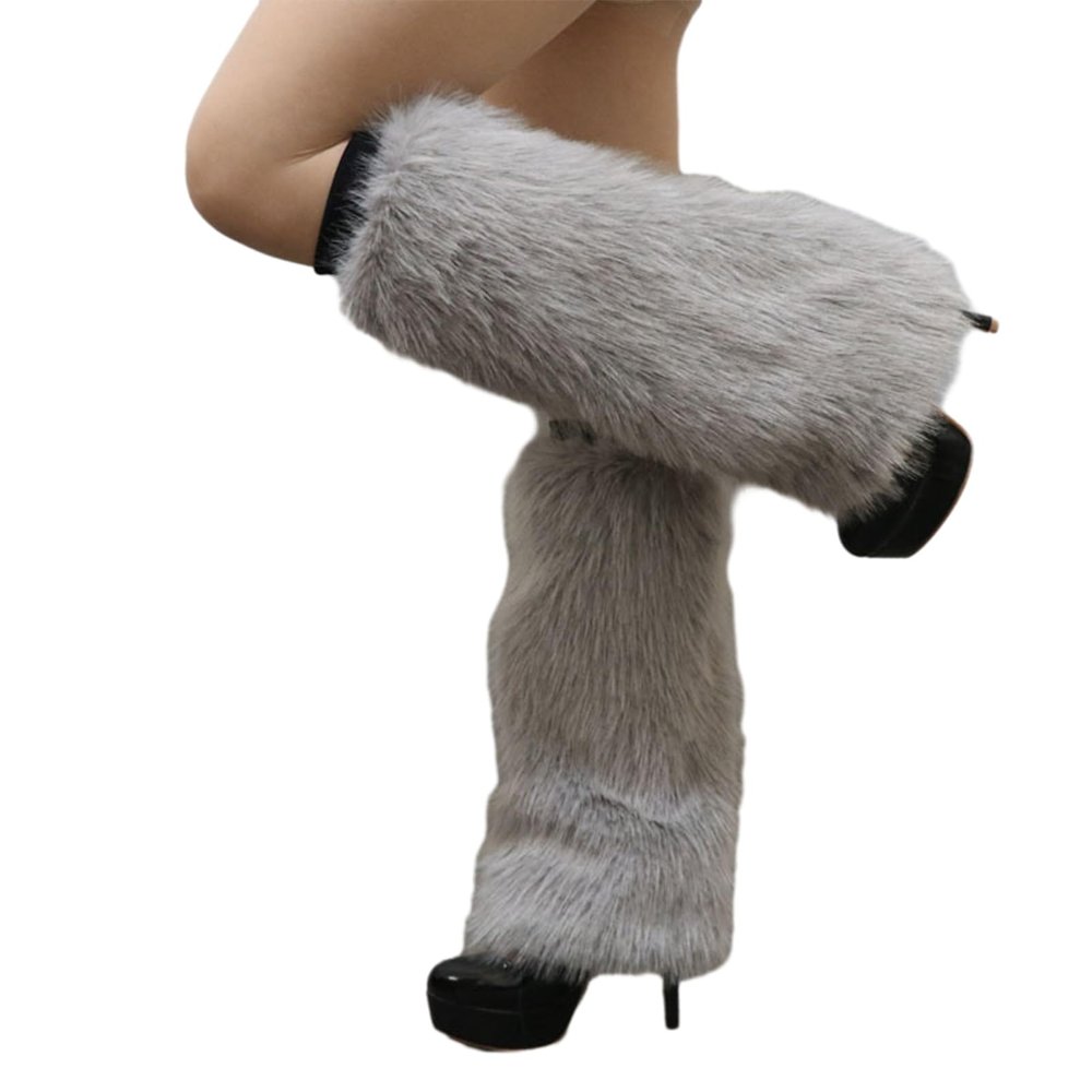 Altsuceser Furry Faux Fur Leg Warmers for Women, Knee-length Long Socks Boots Shoes Cuff Cover Warm Sock Grey 40cm
