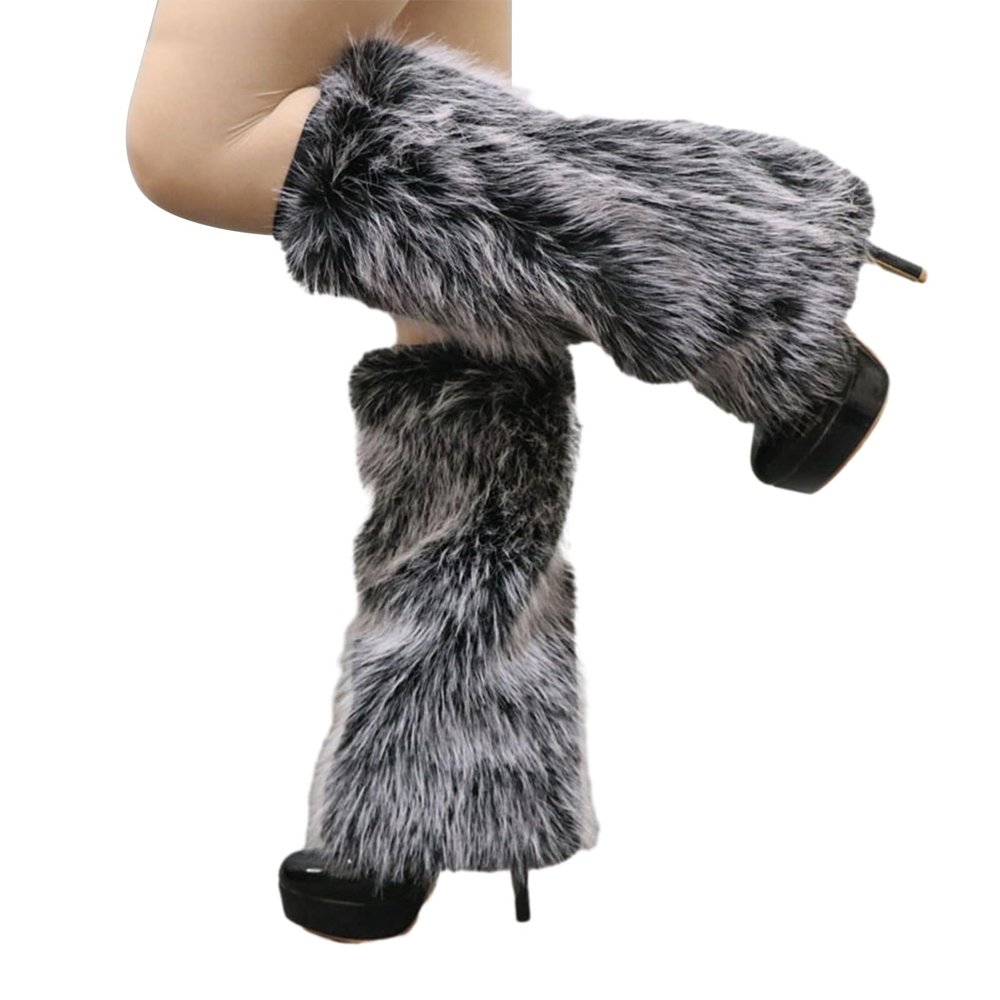 Altsuceser Furry Faux Fur Leg Warmers for Women, Knee-length Long Socks Boots Shoes Cuff Cover Warm Sock Black White 30cm