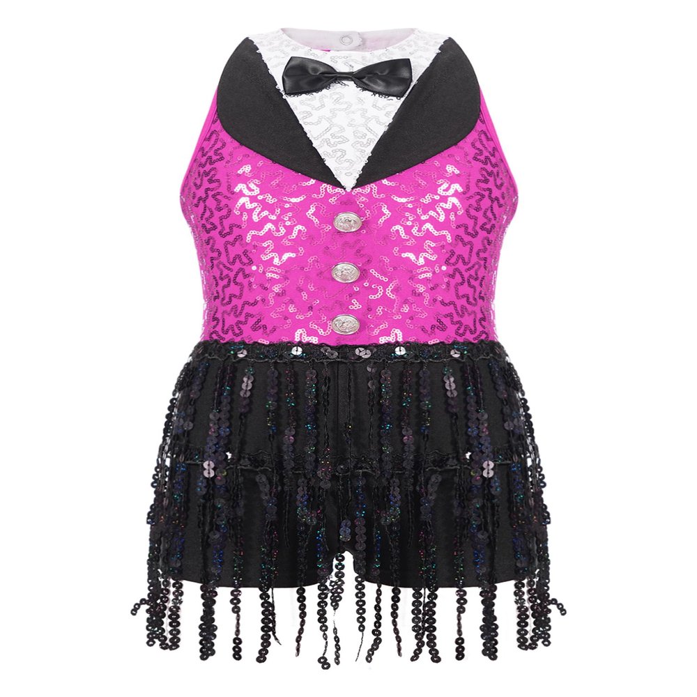 Agoky Girls Sequins Tassel Ballet Jazz Latin Dance Dress for Children Hip Hop Chacha Tap Rumba Performance Costume Dancewear Hot Pink 14 Years