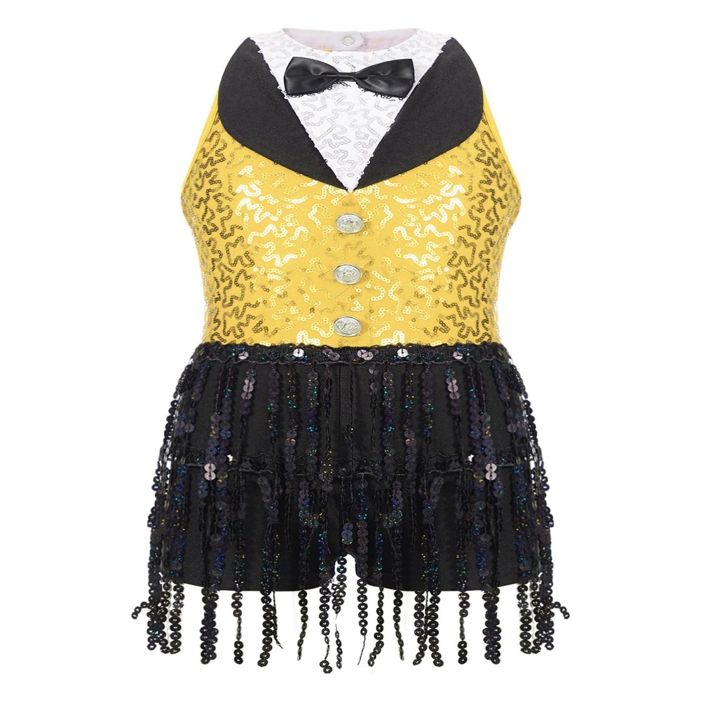 Agoky Girls Sequins Tassel Ballet Jazz Latin Dance Dress for Children Hip Hop Chacha Tap Rumba Performance Costume Dancewear Yellow 12 Years