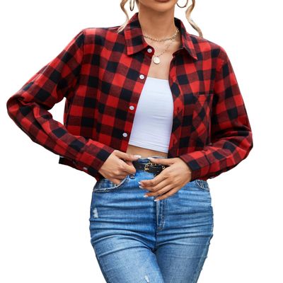 SANGTREE Womens Red Crop Plaid Shirts Long Sleeve Button Down Cropped Top Blouse Red Black Plaid, XXL