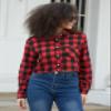 SANGTREE Womens Red Crop Plaid Shirts Long Sleeve Button Down Cropped Top Blouse Red Black Plaid, XXL view 4
