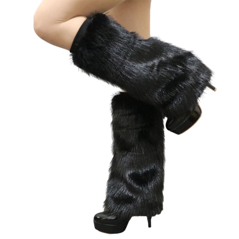 Altsuceser Furry Faux Fur Leg Warmers for Women, Knee-length Long Socks Boots Shoes Cuff Cover Warm Sock Black 30cm