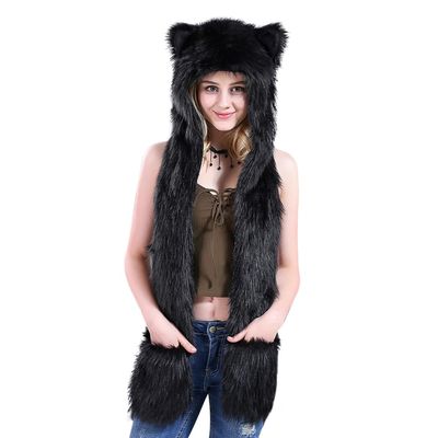 haozaikeji Women Cute Winter Animal Hat 3 in 1 Faux Fur Multifunctional Hat Cartoon Animal Hoodie Hats with Scarf Paw Gloves