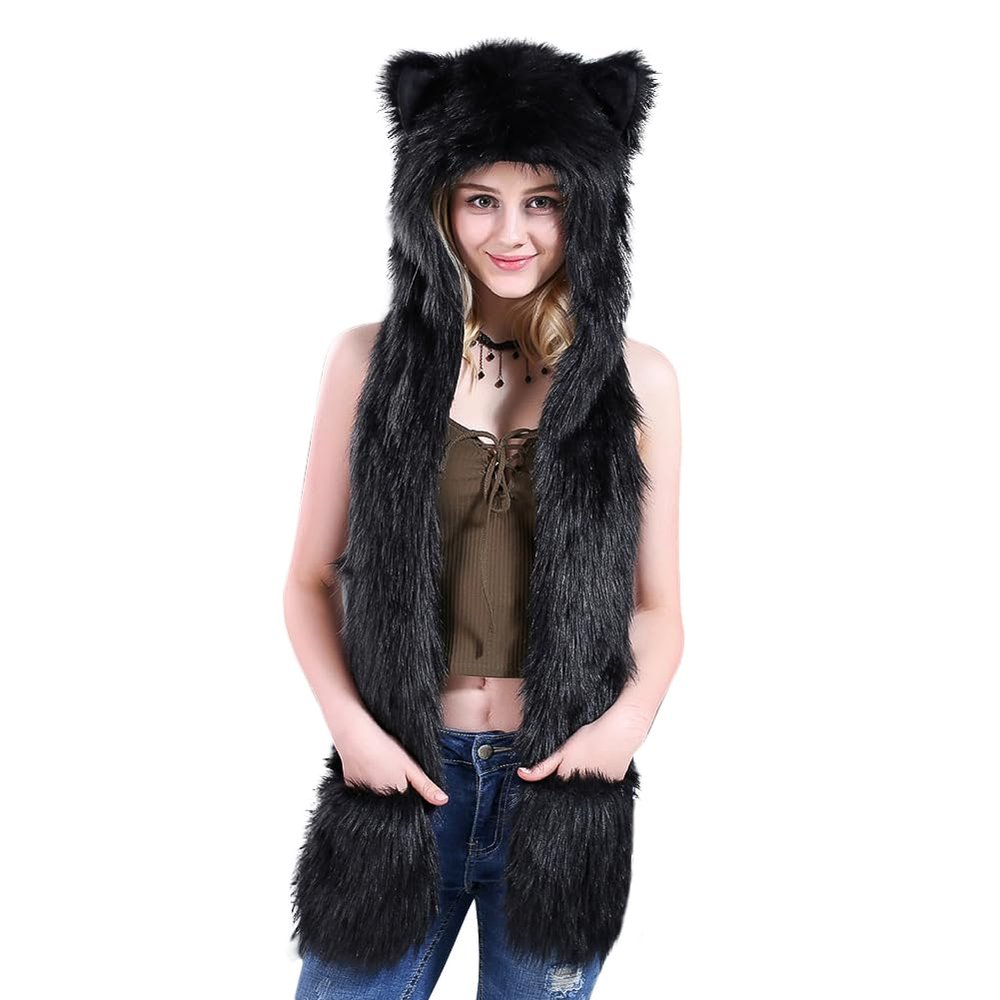 haozaikeji Women Cute Winter Animal Hat 3 in 1 Faux Fur Multifunctional Hat Cartoon Animal Hoodie Hats with Scarf Paw Gloves