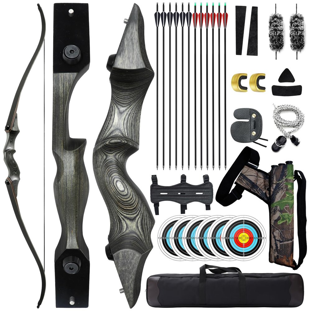 60 Inch Black Hunter Takedown Recurve Bow 20-60lbs Hunting Bow and Arrow Set with Arrow Quiver Right Hand Archery Bows for Adults Target Practice Shooting Training (55LBS)