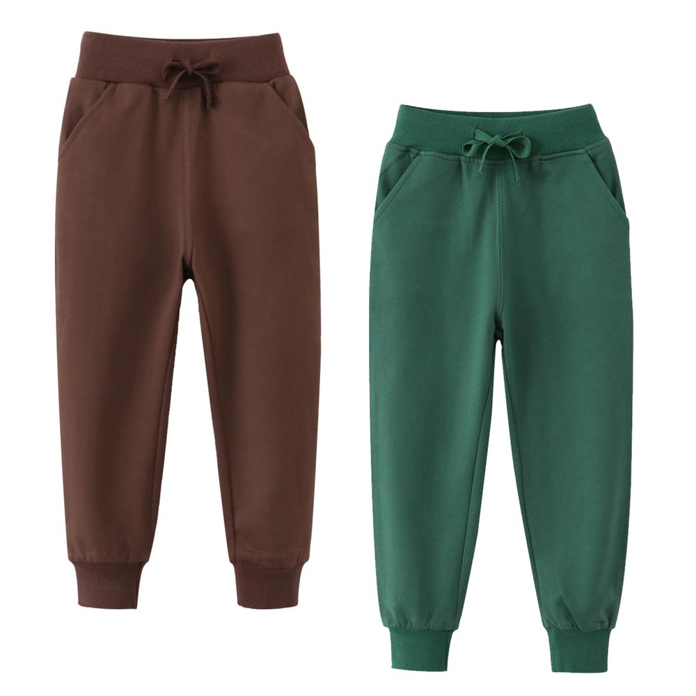 GLEAMING GRAIN Little Boys Jogger Pants Toddler Boys' Drawstring Elastic Waist Cotton Casual Sweatpants 2 PCS Set Green Brown 4T