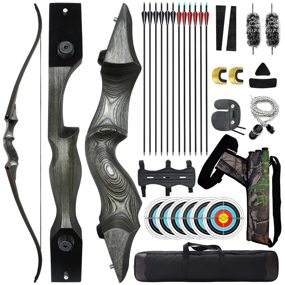 60 Inch Black Hunter Takedown Recurve Bow 20-60lbs Hunting Bow and Arrow Set with Arrow Quiver Right Hand Archery Bows for Adults Target Practice Shooting Training (35LBS)