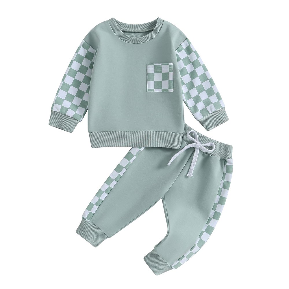 Karuedoo Toddler Baby Boy Girl Fall Winter Clothes Checkerboard Plaid Hoodie Sweatshirt Tops Elastic Waist Pants Set (B-Green, 18-24 Months)