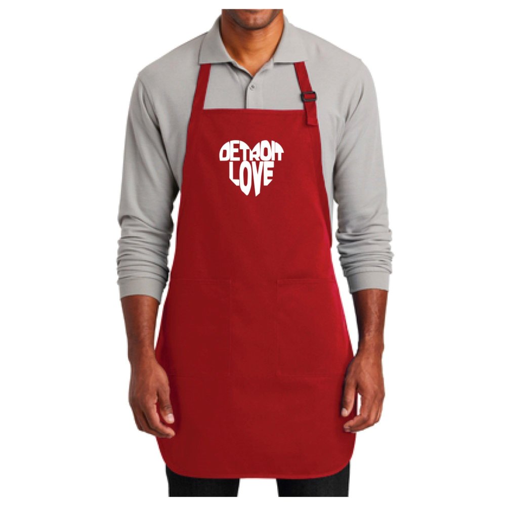 Detroit Love Apron for chefs, bakers, and other professionals 22" W x 30" L Cotton Poly Blend Two Pockets Adjustable Neck Strap