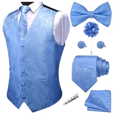 GUSLESON Baby Blue Mens Vest Tie and Bow Tie Set Formal Waistcoat Paisley Floral Jacquard Necktie Pocket Square Suit Vests Lapel Pin Wedding Party (0807-11-XXL)