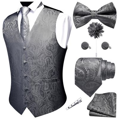 GUSLESON Dark Grey Mens Vest Tie and Bow Tie Set Formal Waistcoat Paisley Floral Jacquard Necktie Pocket Square Suit Vests Lapel Pin Wedding Party (0807-03-L)