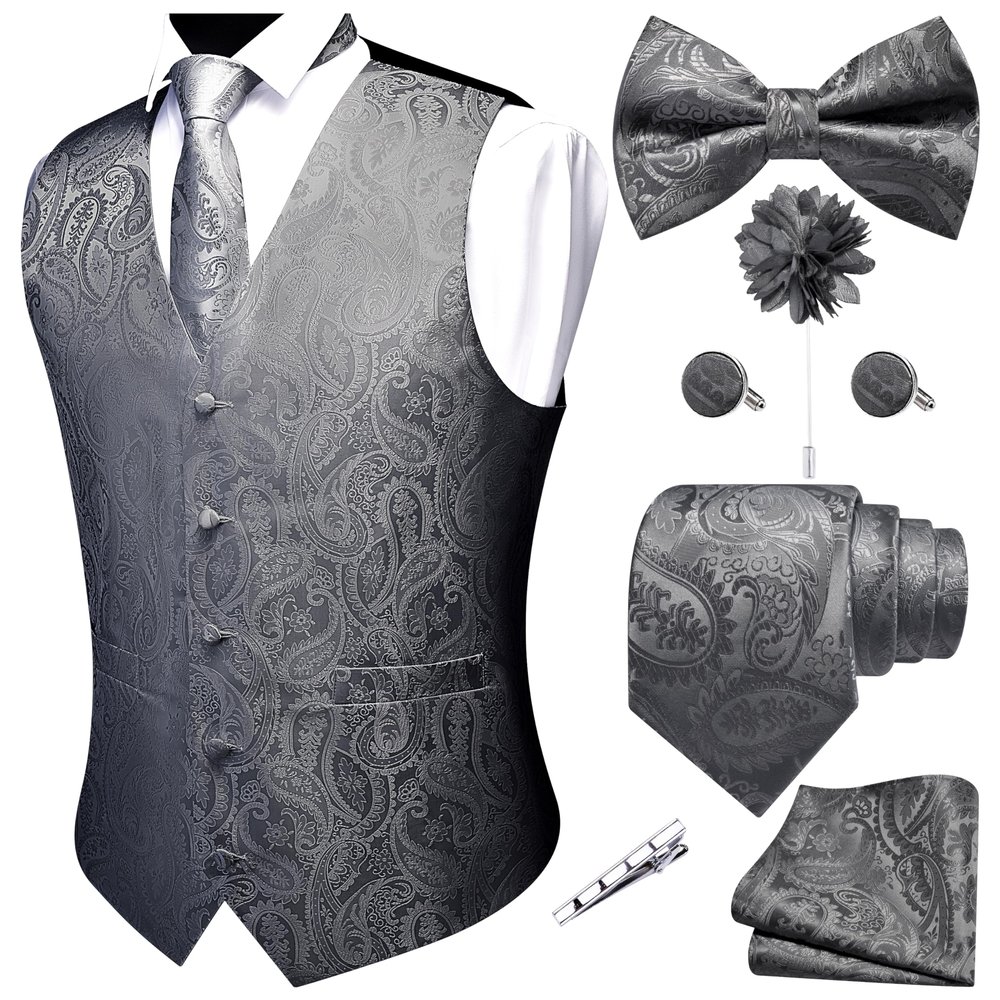 GUSLESON Dark Grey Mens Vest Tie and Bow Tie Set Formal Waistcoat Paisley Floral Jacquard Necktie Pocket Square Suit Vests Lapel Pin Wedding Party (0807-03-L)