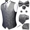 GUSLESON Dark Grey Mens Vest Tie and Bow Tie Set Formal Waistcoat Paisley Floral Jacquard Necktie Pocket Square Suit Vests Lapel Pin Wedding Party (0807-03-L) view 1