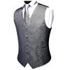 GUSLESON Dark Grey Mens Vest Tie and Bow Tie Set Formal Waistcoat Paisley Floral Jacquard Necktie Pocket Square Suit Vests Lapel Pin Wedding Party (0807-03-L) view 3