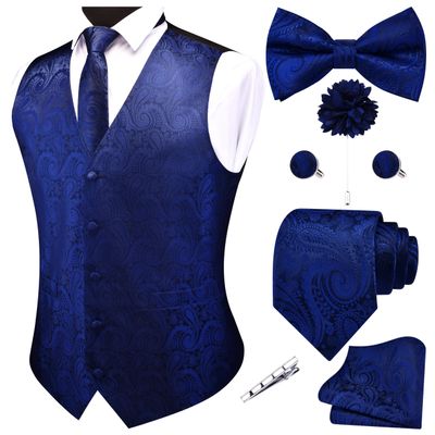 GUSLESON Navy Blue Vest Paisley Suit Vest Tie and Bow Tie Set Silk Floral Waistcoat Necktie and Pocket Square Lapel Pin Set (0808-04-S)