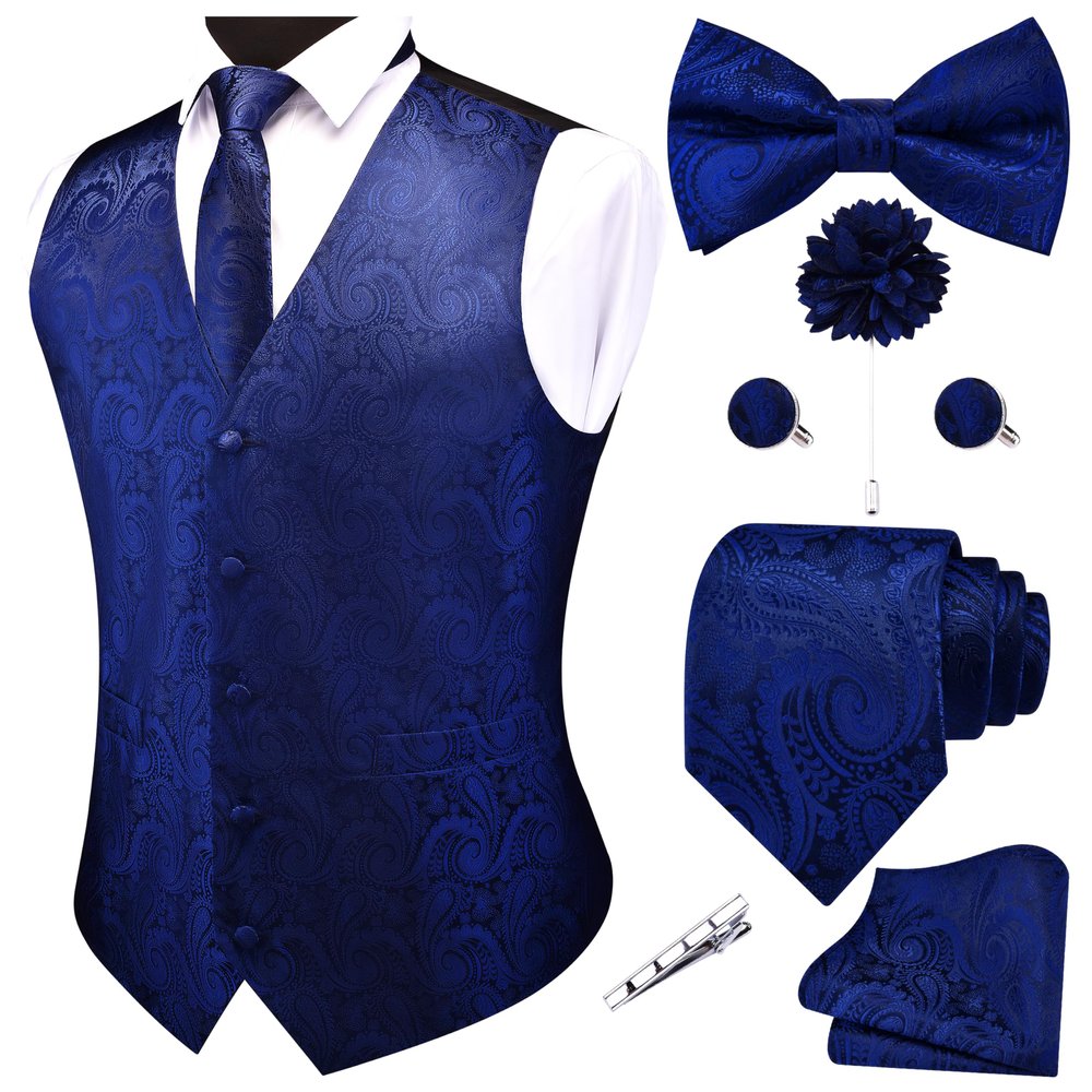 GUSLESON Navy Blue Vest Paisley Suit Vest Tie and Bow Tie Set Silk Floral Waistcoat Necktie and Pocket Square Lapel Pin Set (0808-04-S)