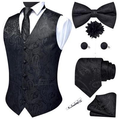 GUSLESON Black Mens Vest Tie and Bow Tie Set Formal Waistcoat Paisley Floral Jacquard Necktie Pocket Square Suit Vests Lapel Pin Wedding Party (0807-01-3XL)