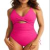 Aleumdr One Piece Swimsuit for Women Tummy Control Bathing Suits V Neck Crisscross Back Side Tie Monokini Rose Red Large view 1