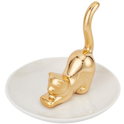 GORGECRAFT Cat Posture Ring Holder Golden Kitty Tail Dish Jewelry Tray Ring Round Dishes Trinket Tray Ceramic Jewelry Storage Home Deco for Women Friend Birthday Gift Tabletop Ornament